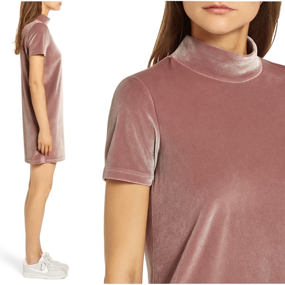 Madewell Velvet Short‎ Sleeve Mock Neck Mini Dress Stretch Frosty Mauve Size XXS